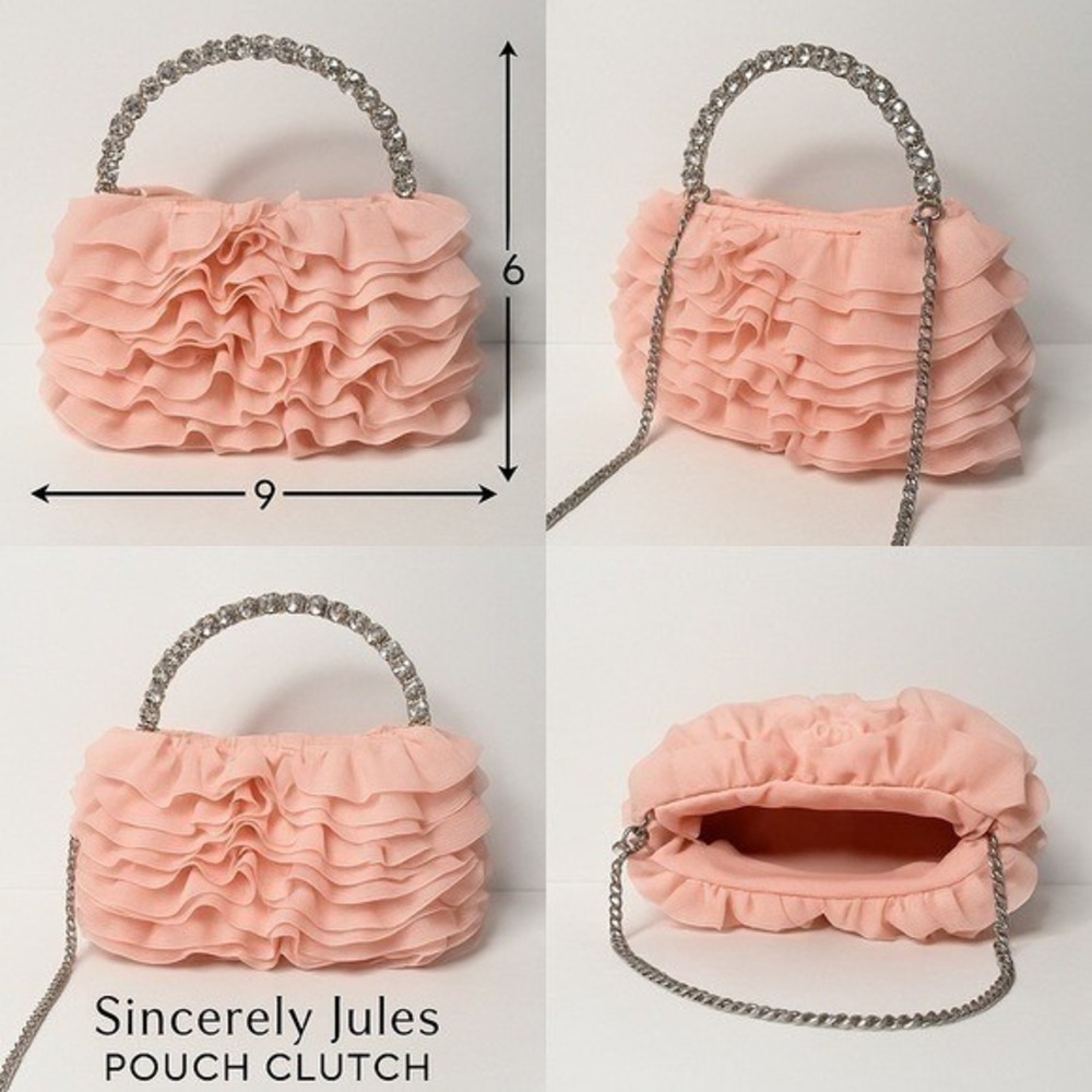 Sincerely Jules Pouch Clutch Pink Ruffle Rhinestone Handle Chain Strap Bag - Picture 2 of 6